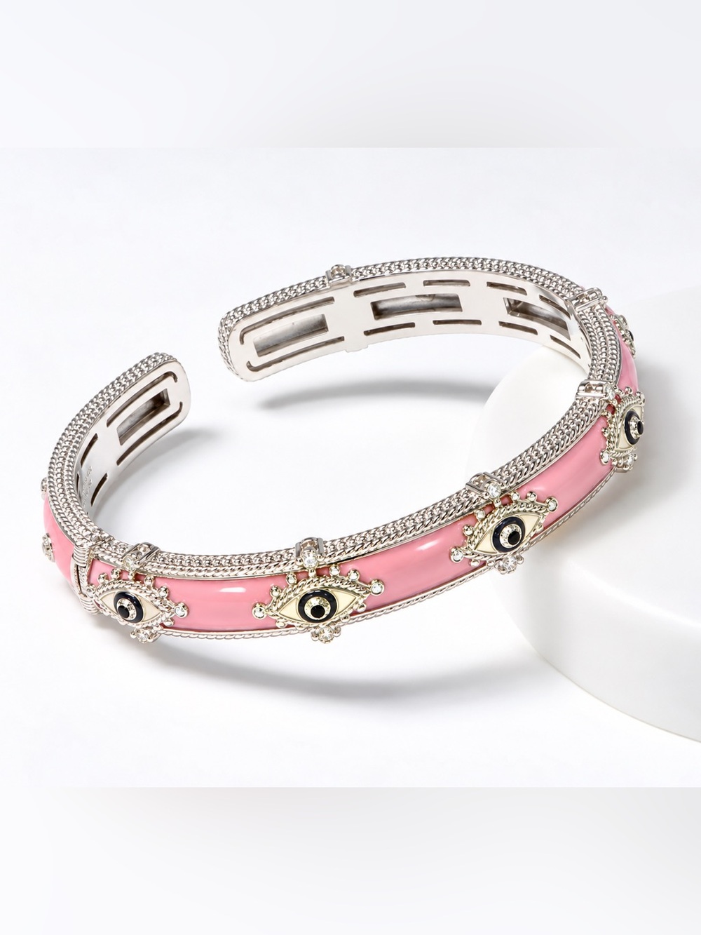 Judith Ripka Sterling Silver, CZ & Blk Spinel Pink Enamel Evil Eye Cuff Bracelet